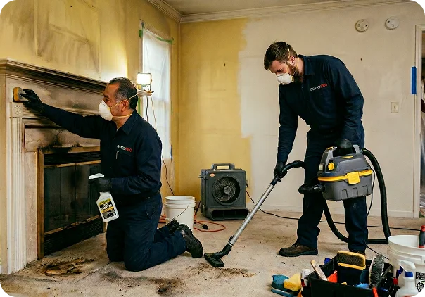 GuardPro team cleaning soot from fire-damaged fireplace
