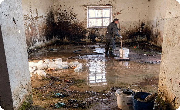 echnician cleaning flooded room with mold damage