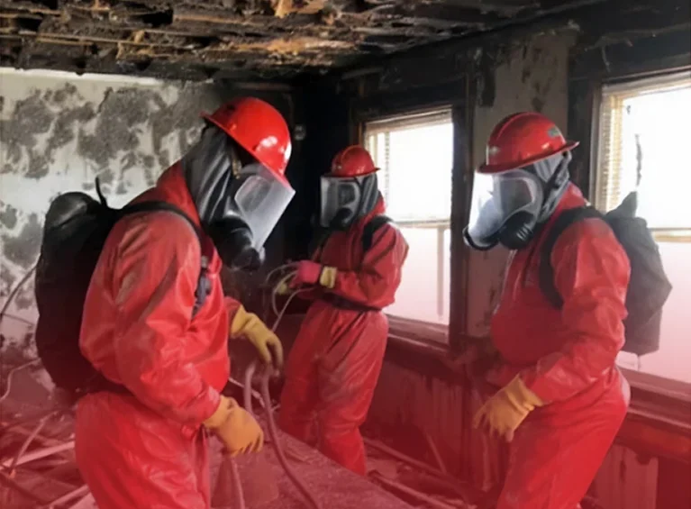 Hazmat team assessing fire and smoke damage indoors